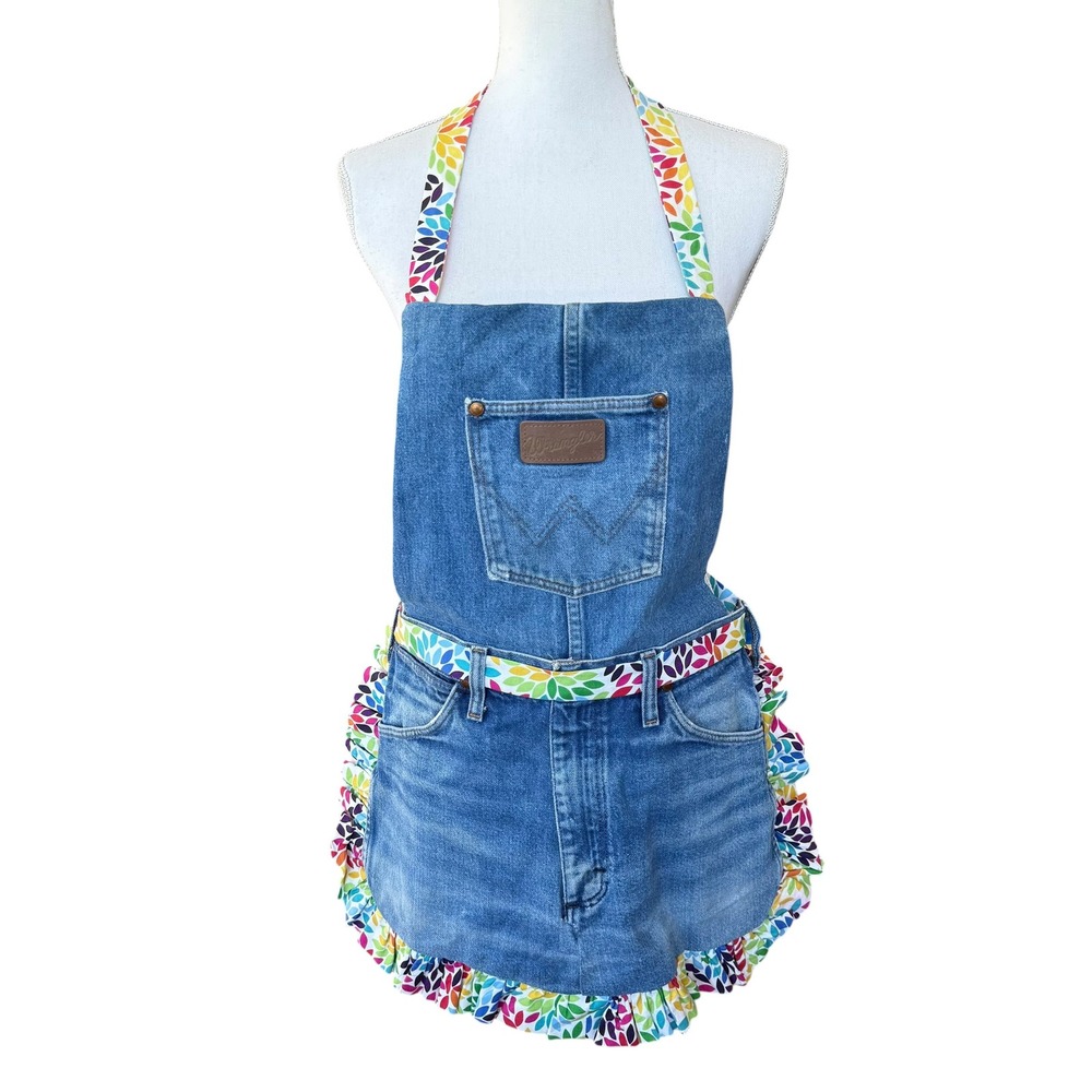 Wrangler Upcycled Denim Apron Reversible Rainbow Floral Ruffle Handmade Blue